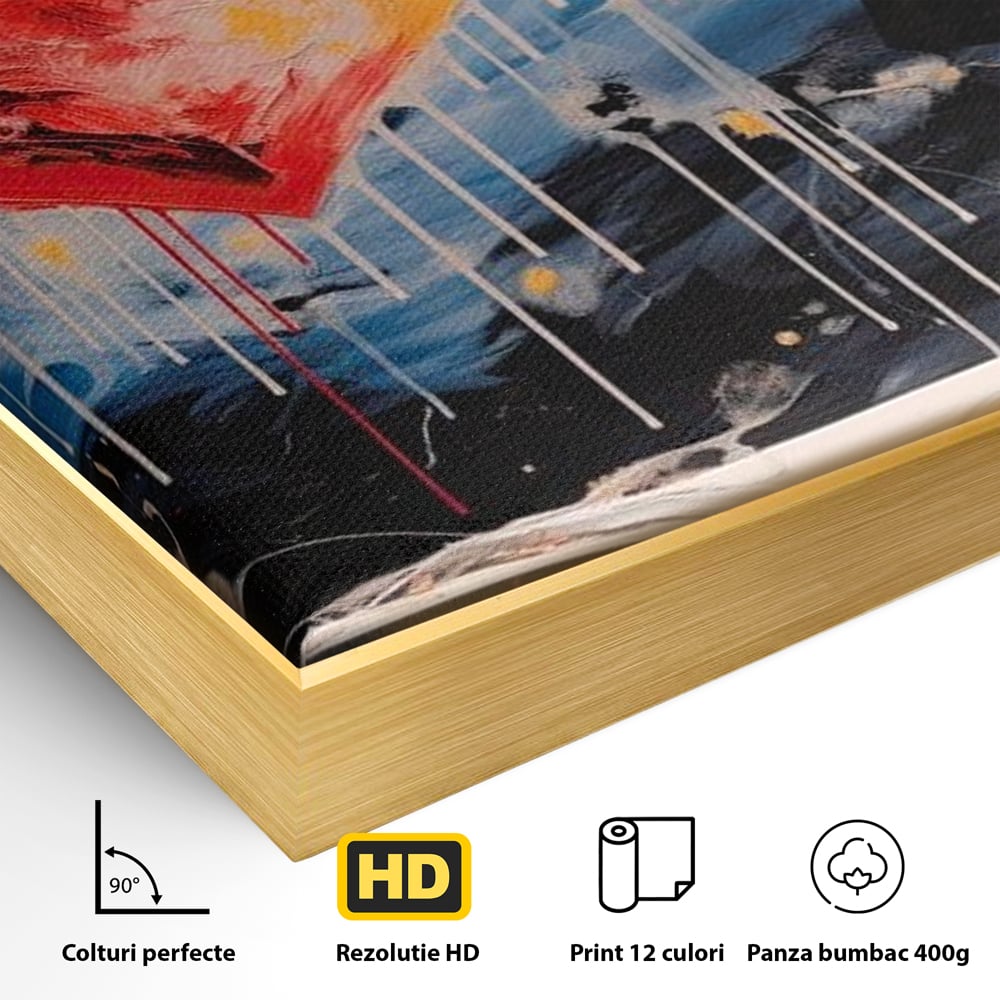 Detaliu al suprafetei: tablou canvas cu femeie si inima uriasa, in rama de aluminiu auriu