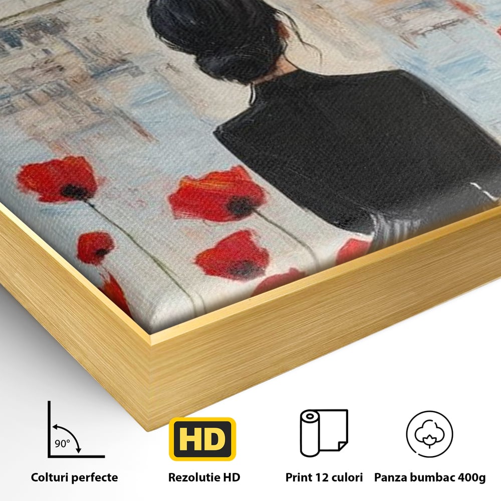 Detaliu al suprafetei: tablou canvas cu femeie si maci, in rama de aluminiu auriu