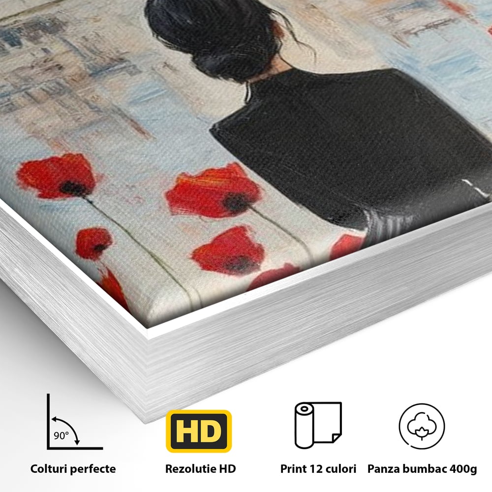 Detaliu al suprafetei: tablou canvas cu femeie si maci, in rama de aluminiu argintiu