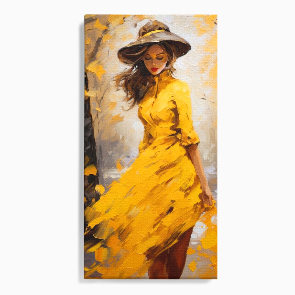Tablou canvas cu tablou canvas cu femeie in galben, fara rama, pe sasiu de lemn