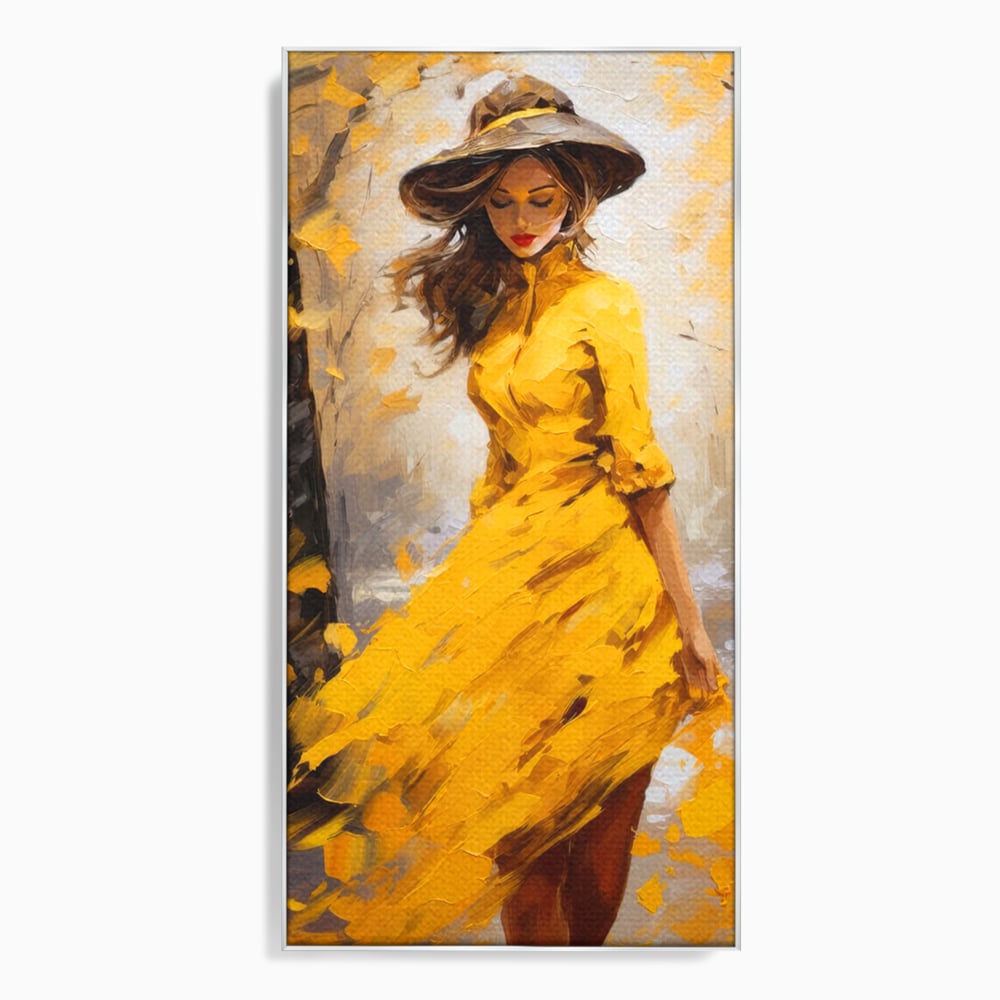 Tablou canvas cu tablou canvas cu femeie in galben, in rama de aluminiu argintiu