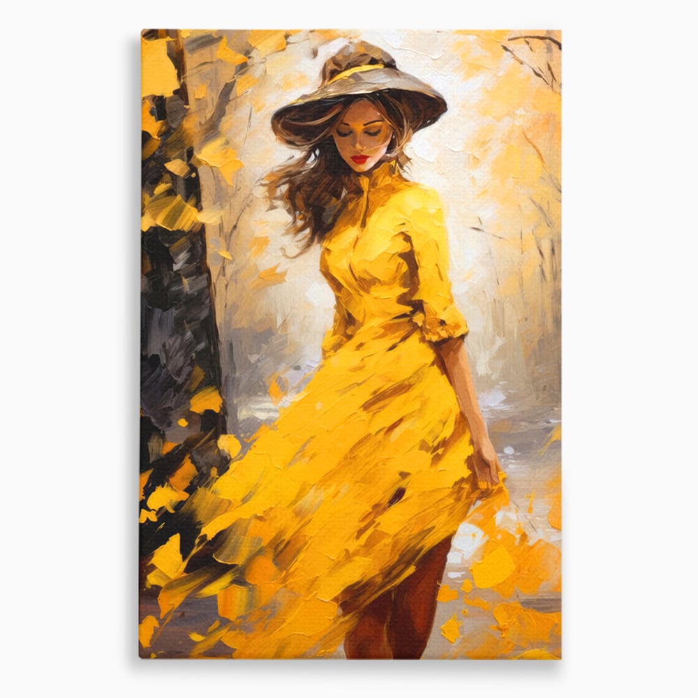 Tablou canvas cu tablou canvas cu femeie in galben, fara rama, pe sasiu de lemn