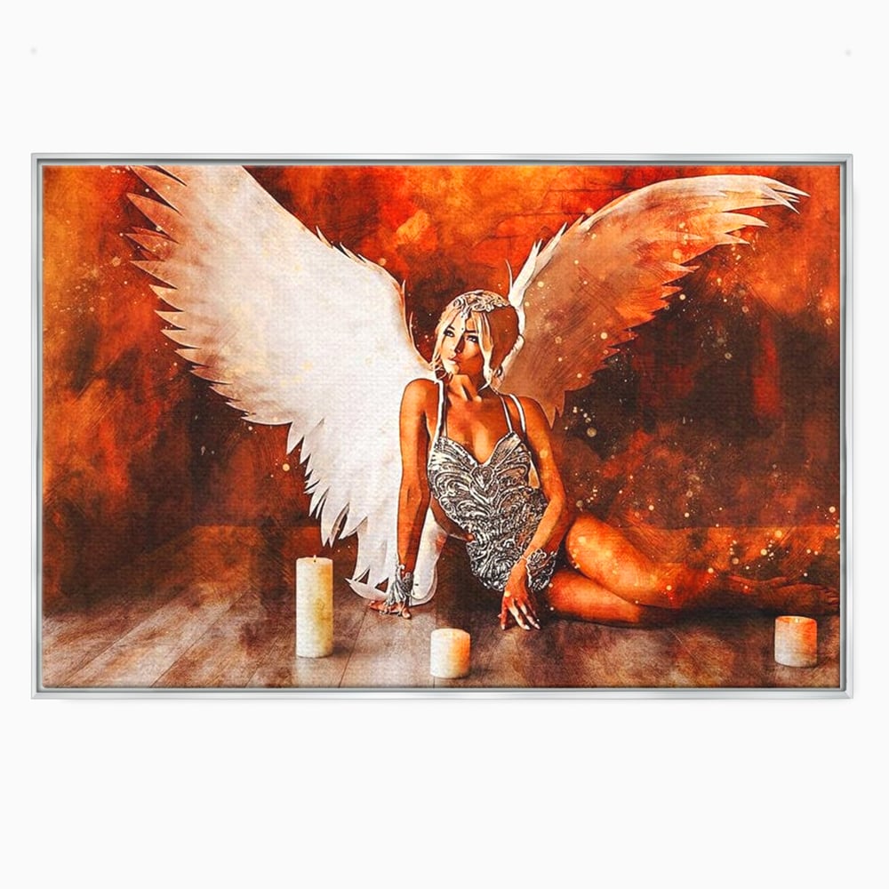 Tablou canvas cu tablou canvas cu inger si aripi, in rama de aluminiu argintiu