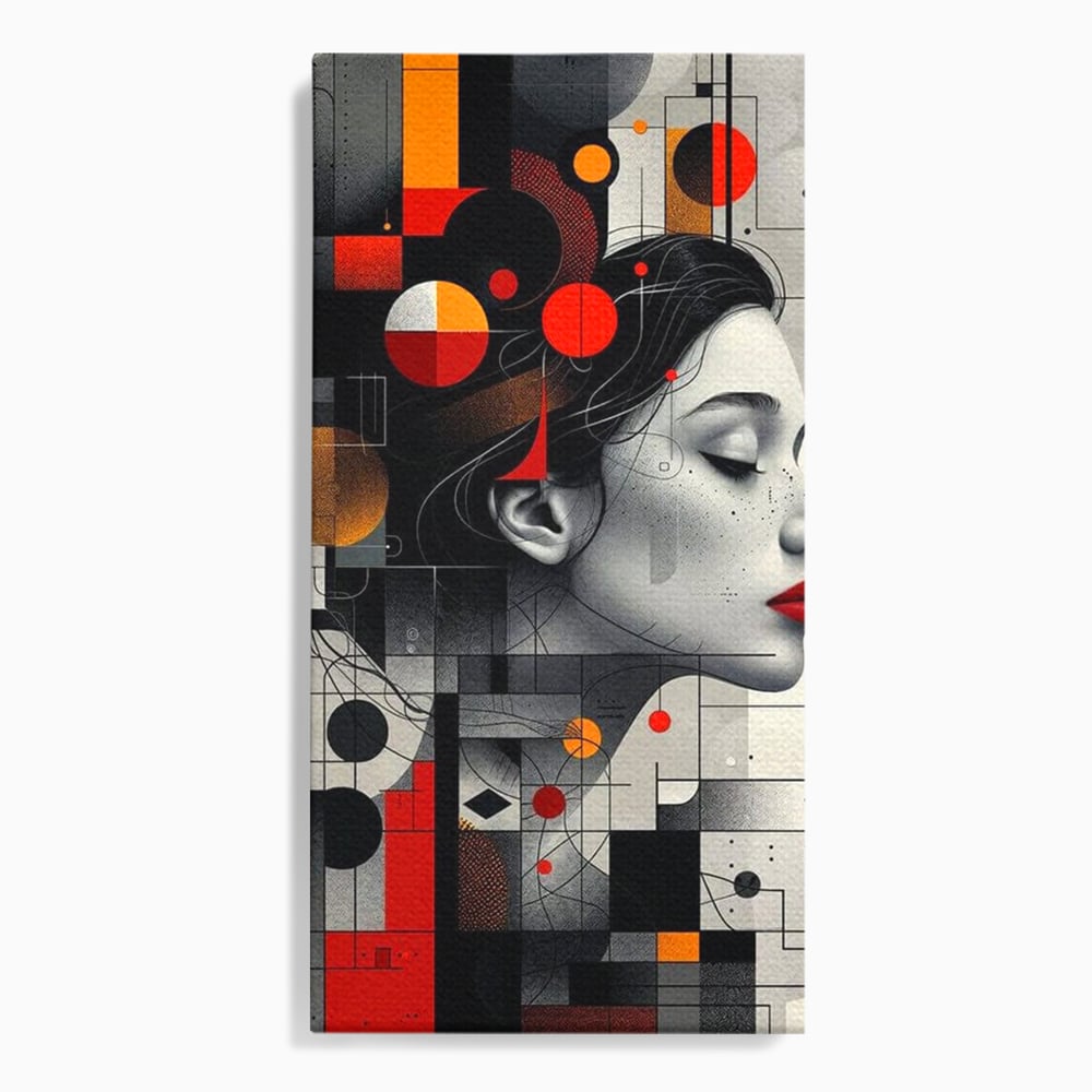 Tablou canvas cu tablou canvas cu portret feminin si forme geometrice, fara rama, pe sasiu de lemn