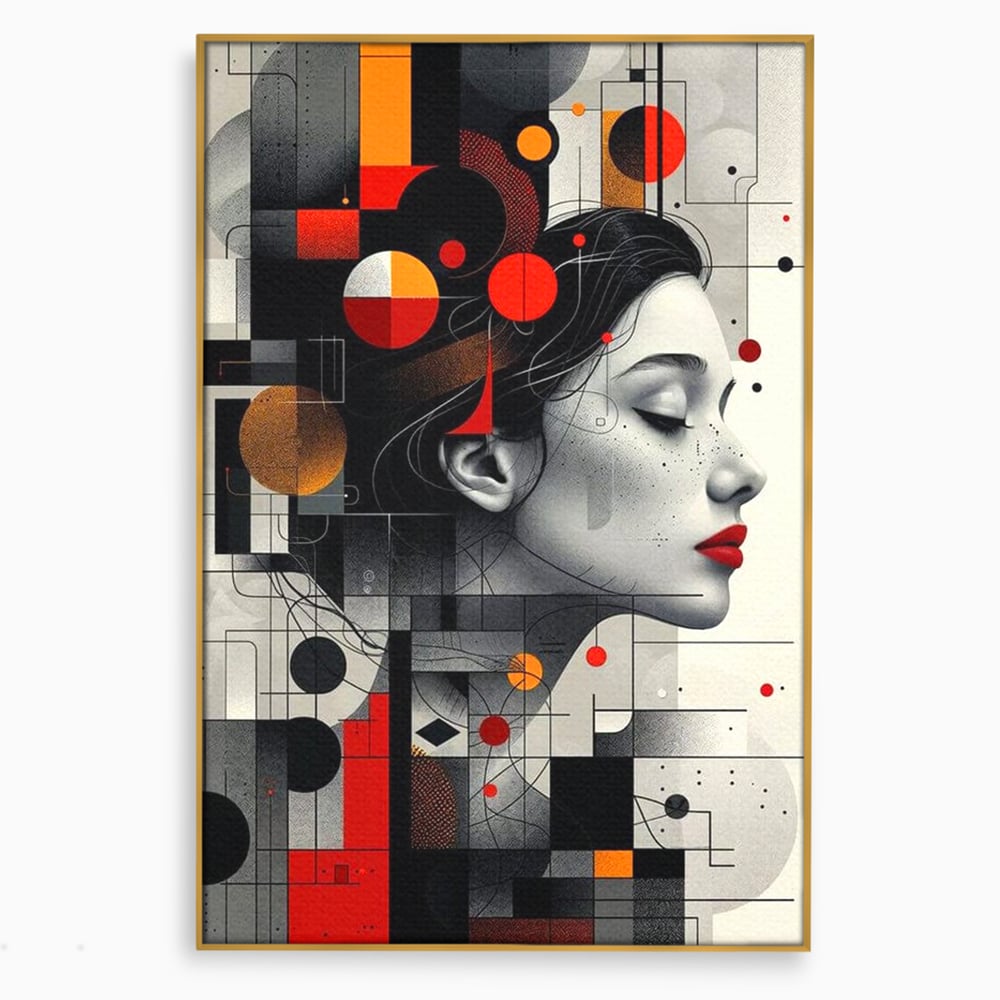 Tablou canvas cu tablou canvas cu portret feminin si forme geometrice, in rama de aluminiu auriu