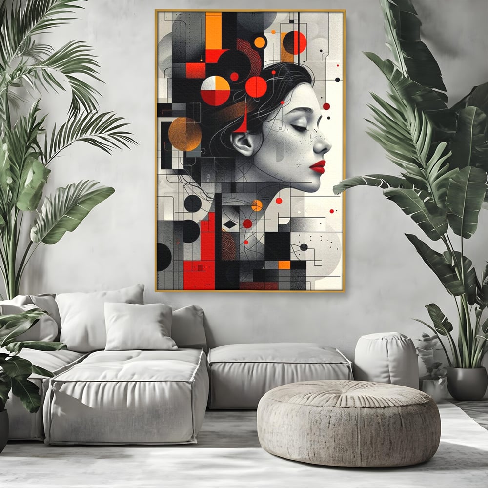 Tablou canvas cu tablou canvas cu portret feminin si forme geometrice, in rama de aluminiu auriu, pe perete intr-un living