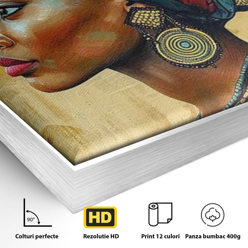 Detaliu al suprafetei: tablou canvas cu profil de femeie, in rama de aluminiu argintiu
