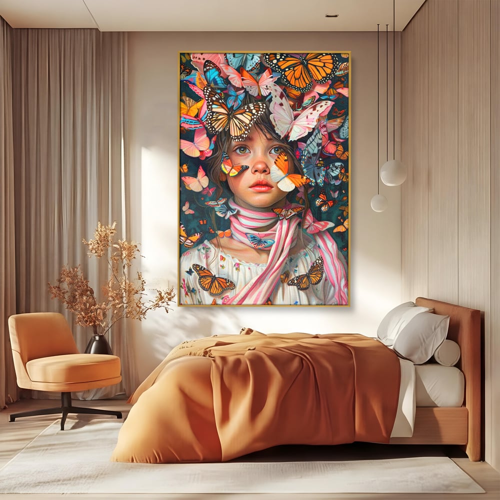 Tablou canvas cu tablou canvas cu fata si fluturi colorati, in rama de aluminiu auriu, pe perete intr-un dormitor