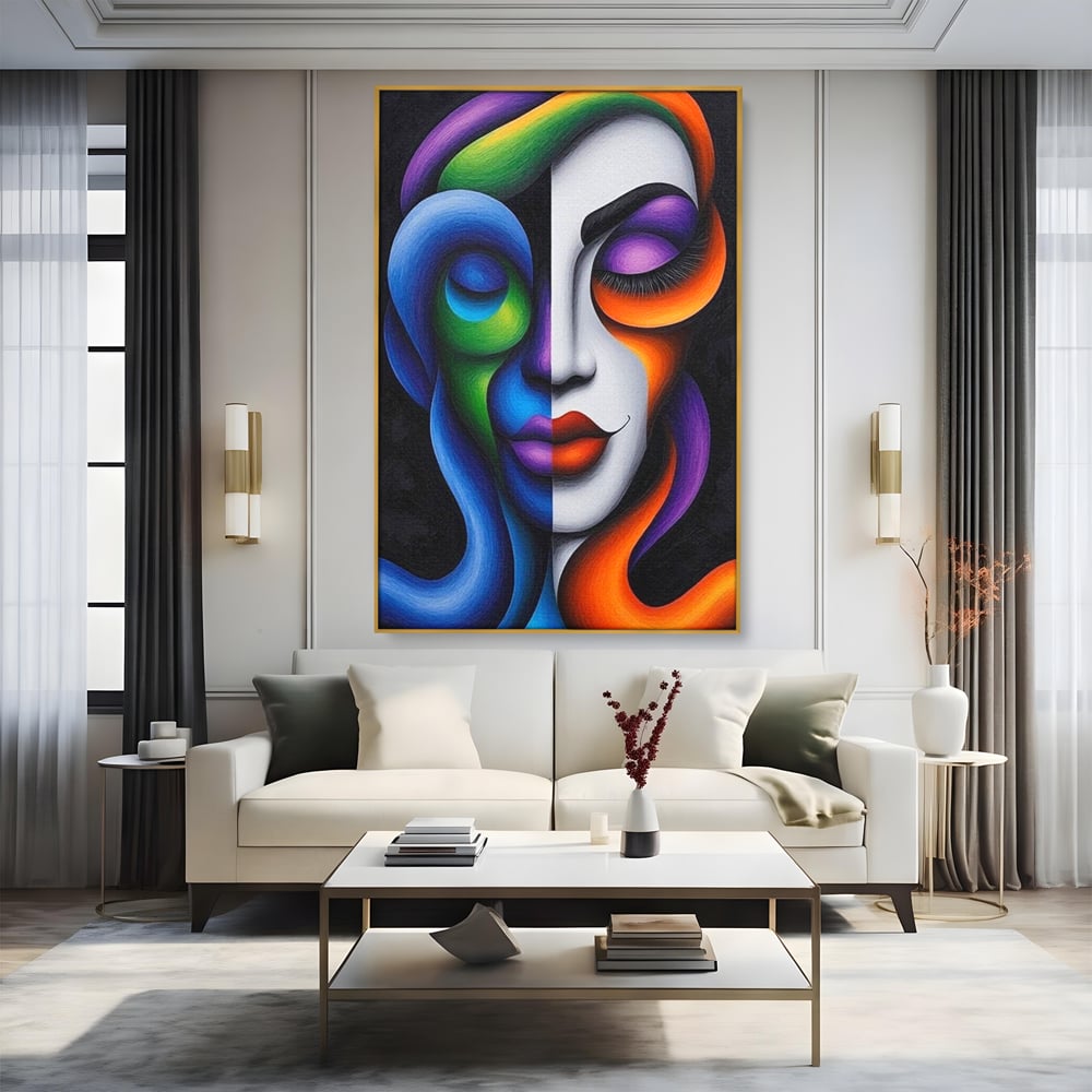 Tablou canvas cu portret abstract feminin bicolor, in rama de aluminiu auriu, pe perete intr-un living