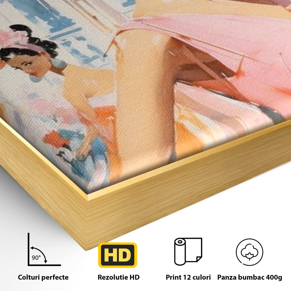Detaliu al suprafetei: tablou canvas cu femei la moda retro, in rama de aluminiu auriu