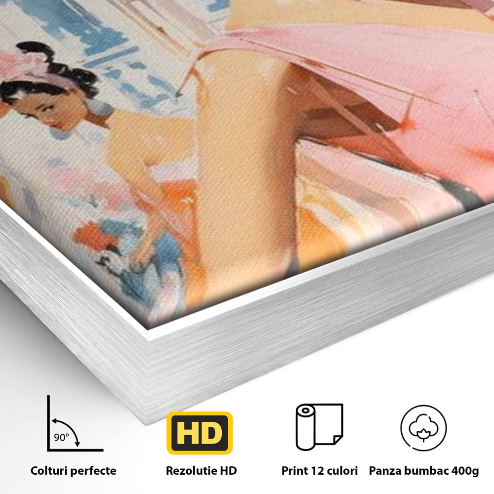 Detaliu al suprafetei: tablou canvas cu femei la moda retro, in rama de aluminiu argintiu