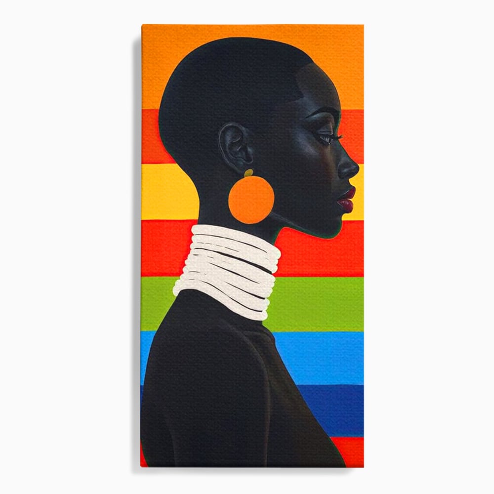 Tablou canvas cu tablou canvas cu profil de femeie afro si curcubeu, fara rama, pe sasiu de lemn