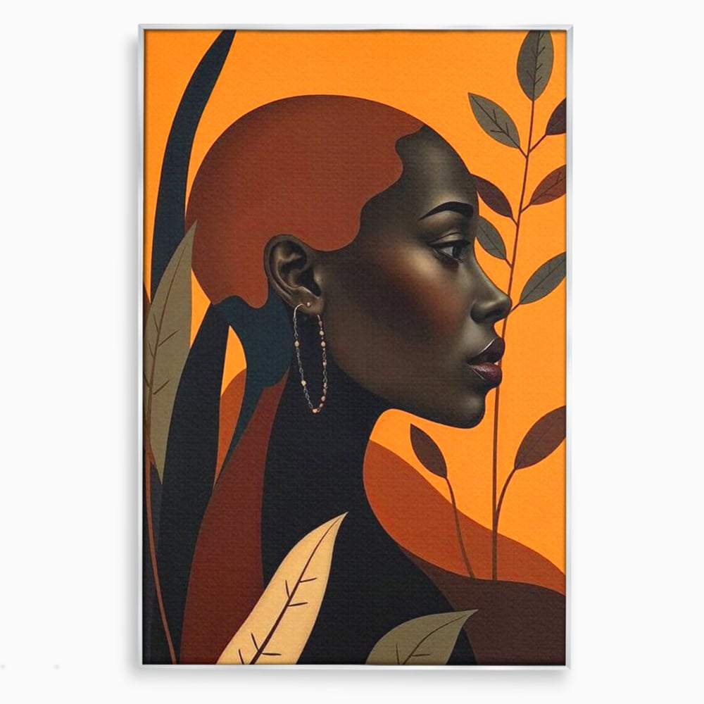 Tablou canvas cu ilustratie digitala cu profil de femeie, in rama de aluminiu argintiu