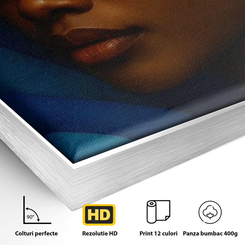 Detaliu al suprafetei: tablou canvas cu chip de femeie in profil, in rama de aluminiu argintiu
