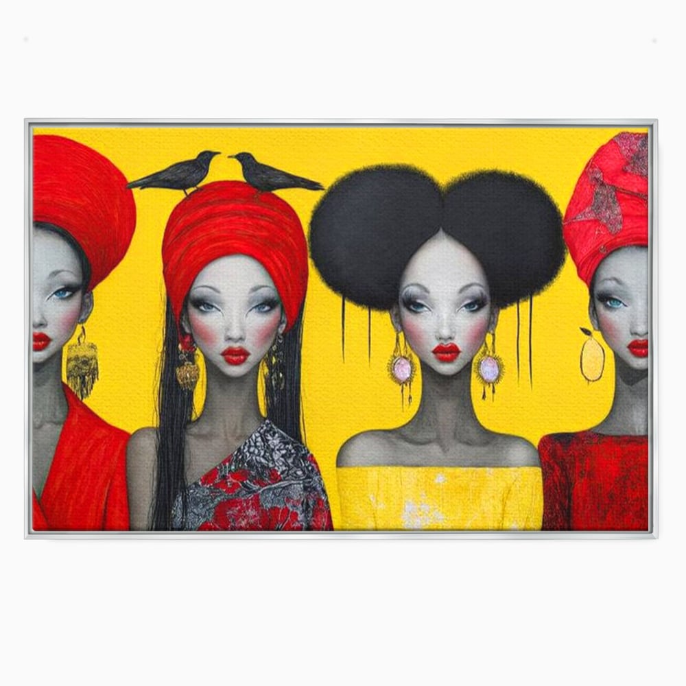 Tablou canvas cu ilustratie canvas cu patru femei stilizate, in rama de aluminiu argintiu