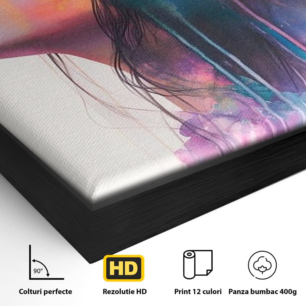 Detaliu al suprafetei: tablou canvas cu profil de femeie si flori, in rama de aluminiu negru