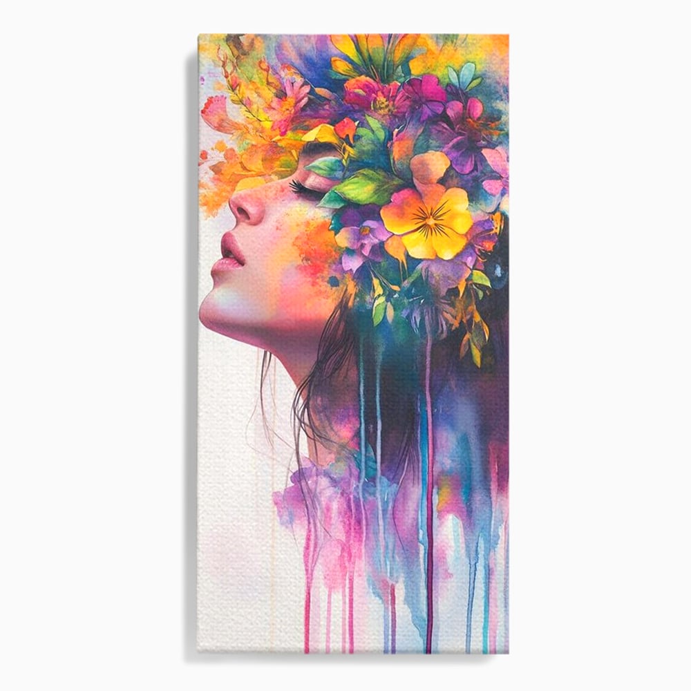 Tablou canvas cu tablou canvas cu profil de femeie si flori, fara rama, pe sasiu de lemn