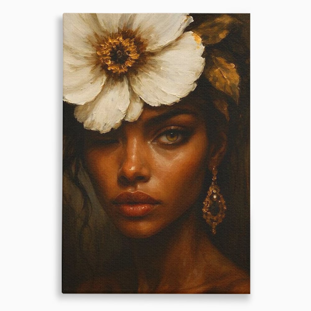 Tablou canvas cu tablou canvas cu portret de femeie si floare alba, fara rama, pe sasiu de lemn