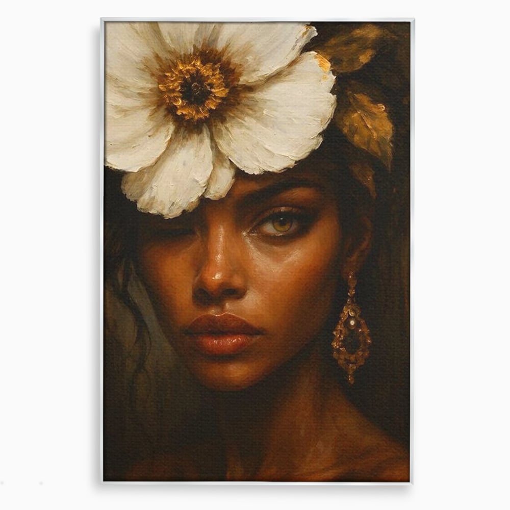 Tablou canvas cu tablou canvas cu portret de femeie si floare alba, in rama de aluminiu argintiu