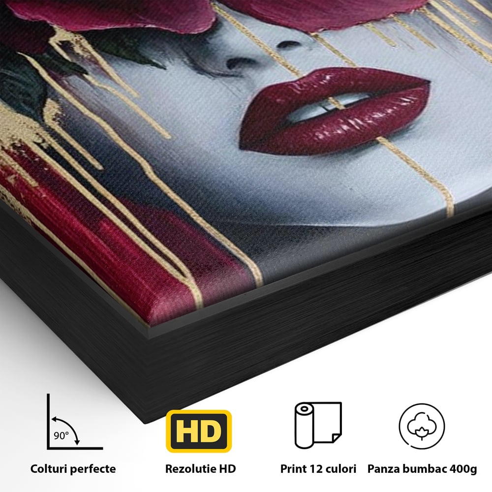 Detaliu al suprafetei: tablou canvas cu chip de femeie si floare, in rama de aluminiu negru