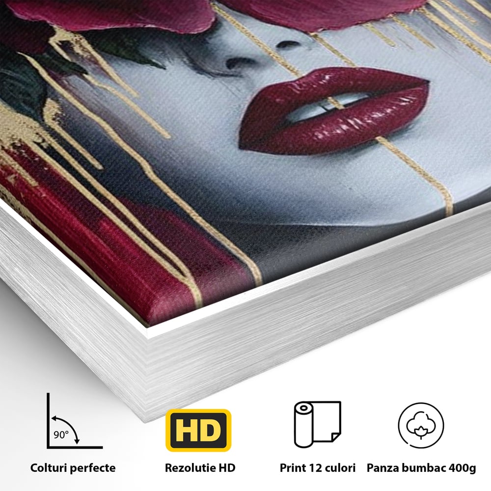 Detaliu al suprafetei: tablou canvas cu chip de femeie si floare, in rama de aluminiu argintiu