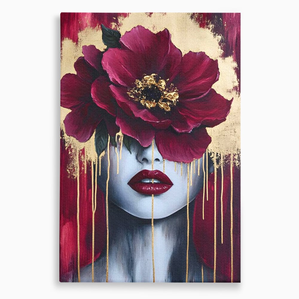 Tablou canvas cu tablou canvas cu chip de femeie si floare, fara rama, pe sasiu de lemn