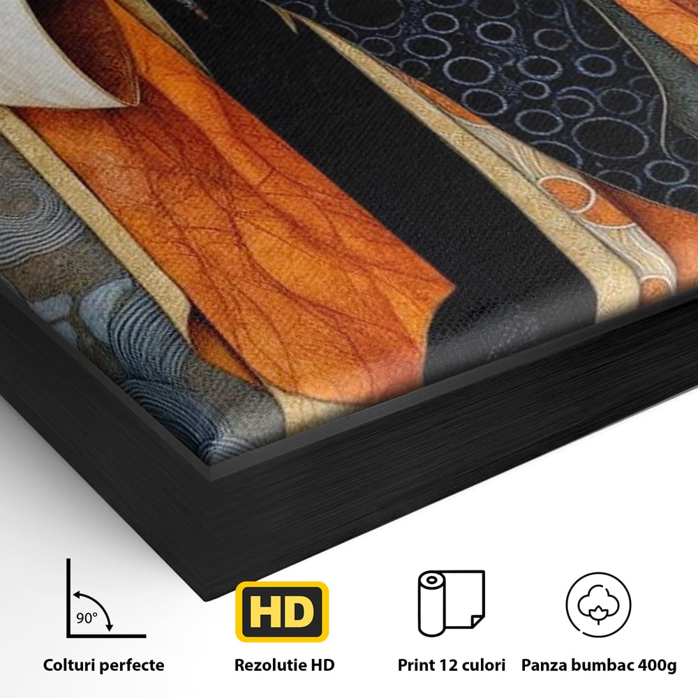 Detaliu al suprafetei: tablou canvas cu doua femei asiatice stilizate, in rama de aluminiu negru