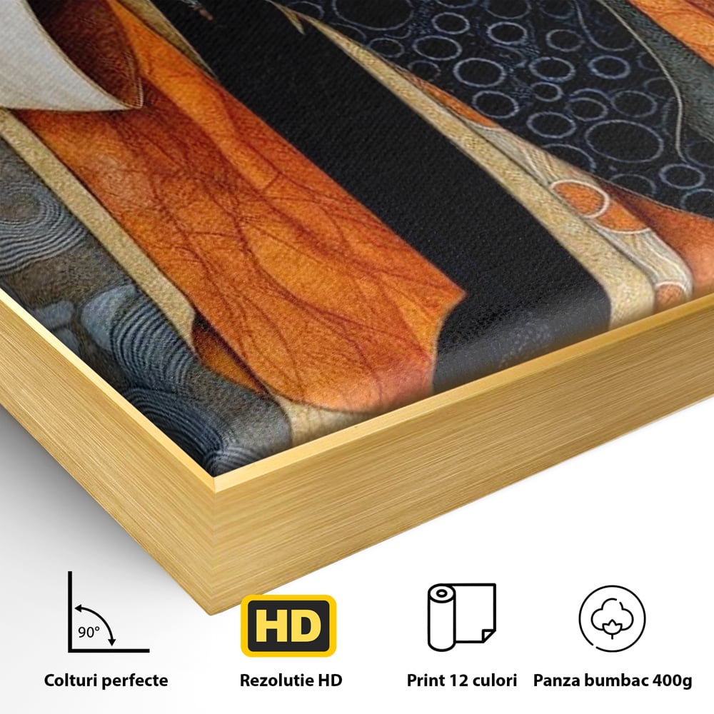 Detaliu al suprafetei: tablou canvas cu doua femei asiatice stilizate, in rama de aluminiu auriu