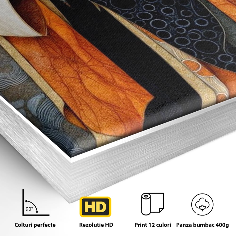 Detaliu al suprafetei: tablou canvas cu doua femei asiatice stilizate, in rama de aluminiu argintiu