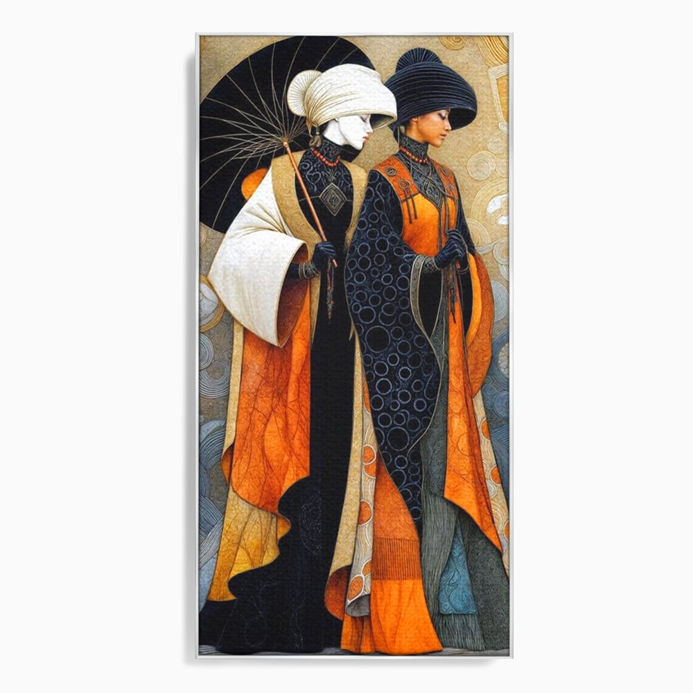 Tablou canvas cu tablou canvas cu doua femei asiatice stilizate, in rama de aluminiu argintiu