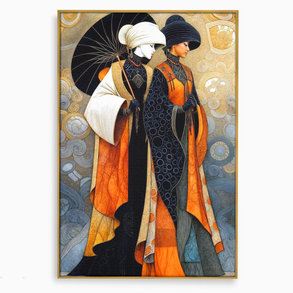 Tablou canvas cu tablou canvas cu doua femei asiatice stilizate, in rama de aluminiu auriu
