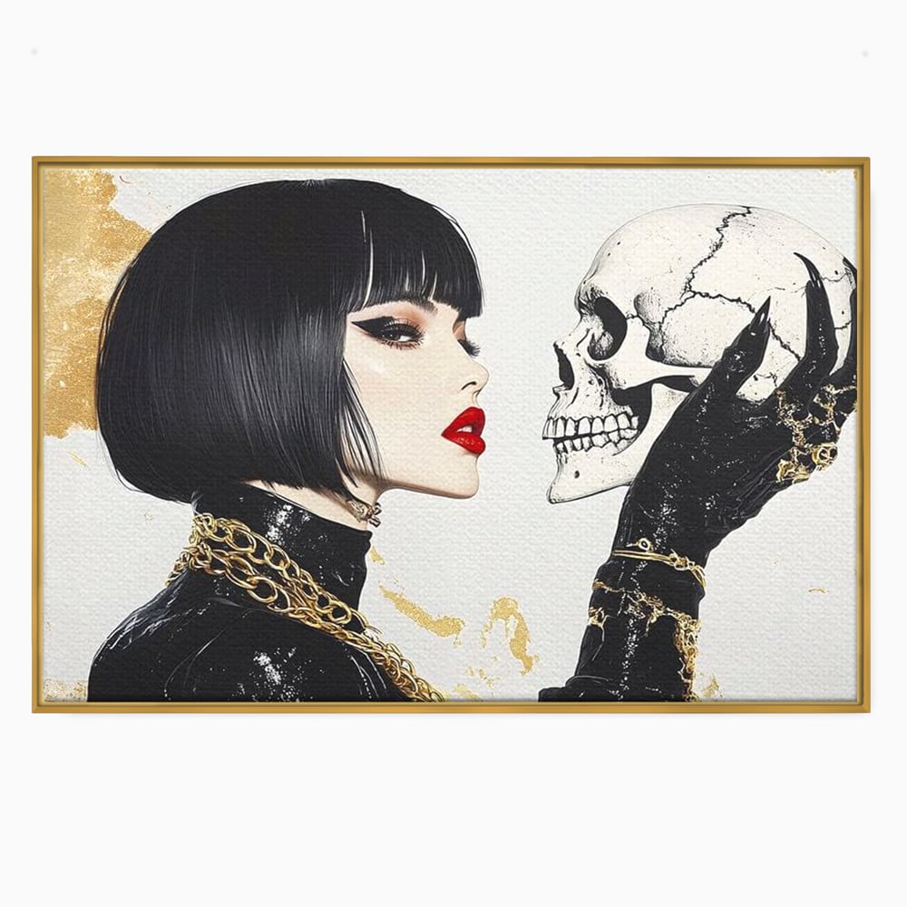 Tablou canvas cu ilustratie digitala cu femeie si craniu, in rama de aluminiu auriu