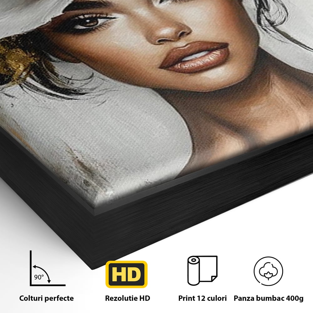 Detaliu al suprafetei: tablou canvas cu portret de femeie si floare, in rama de aluminiu negru