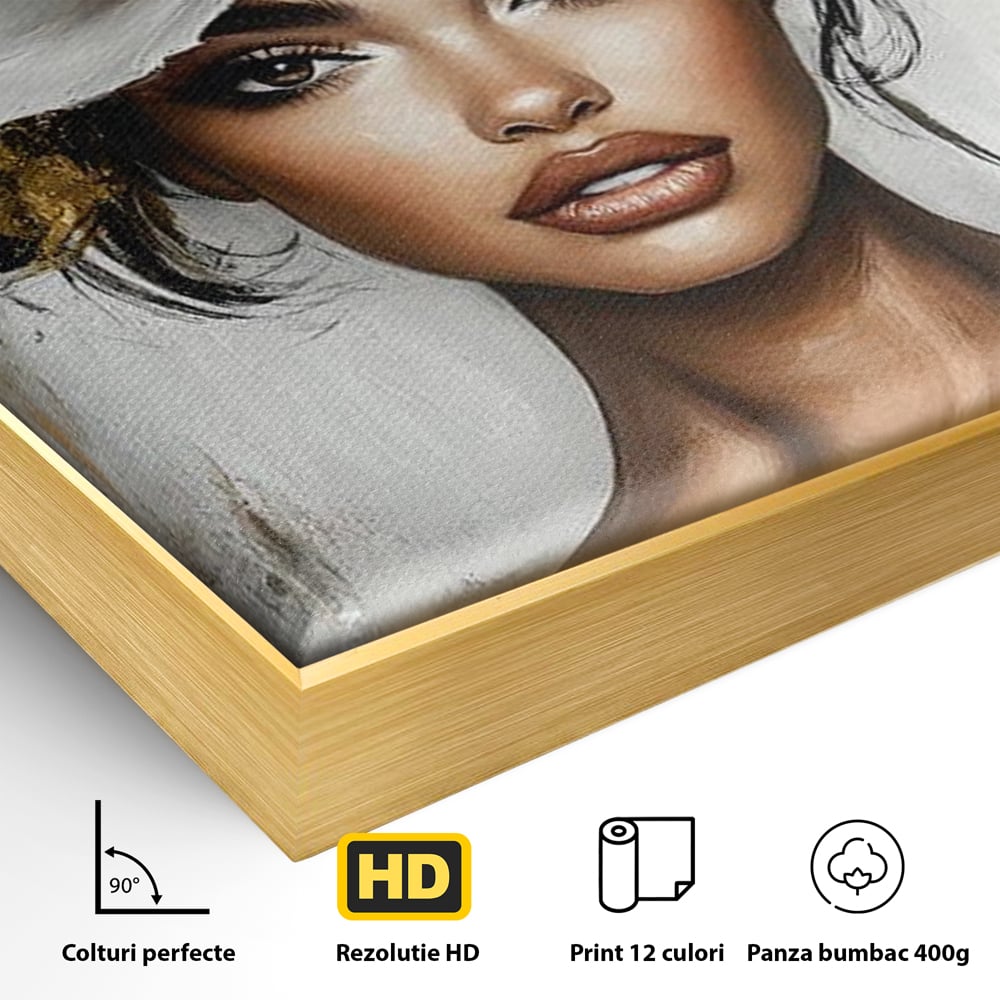 Detaliu al suprafetei: tablou canvas cu portret de femeie si floare, in rama de aluminiu auriu