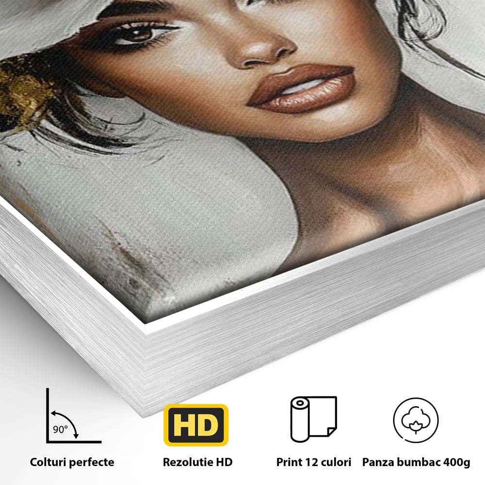 Detaliu al suprafetei: tablou canvas cu portret de femeie si floare, in rama de aluminiu argintiu