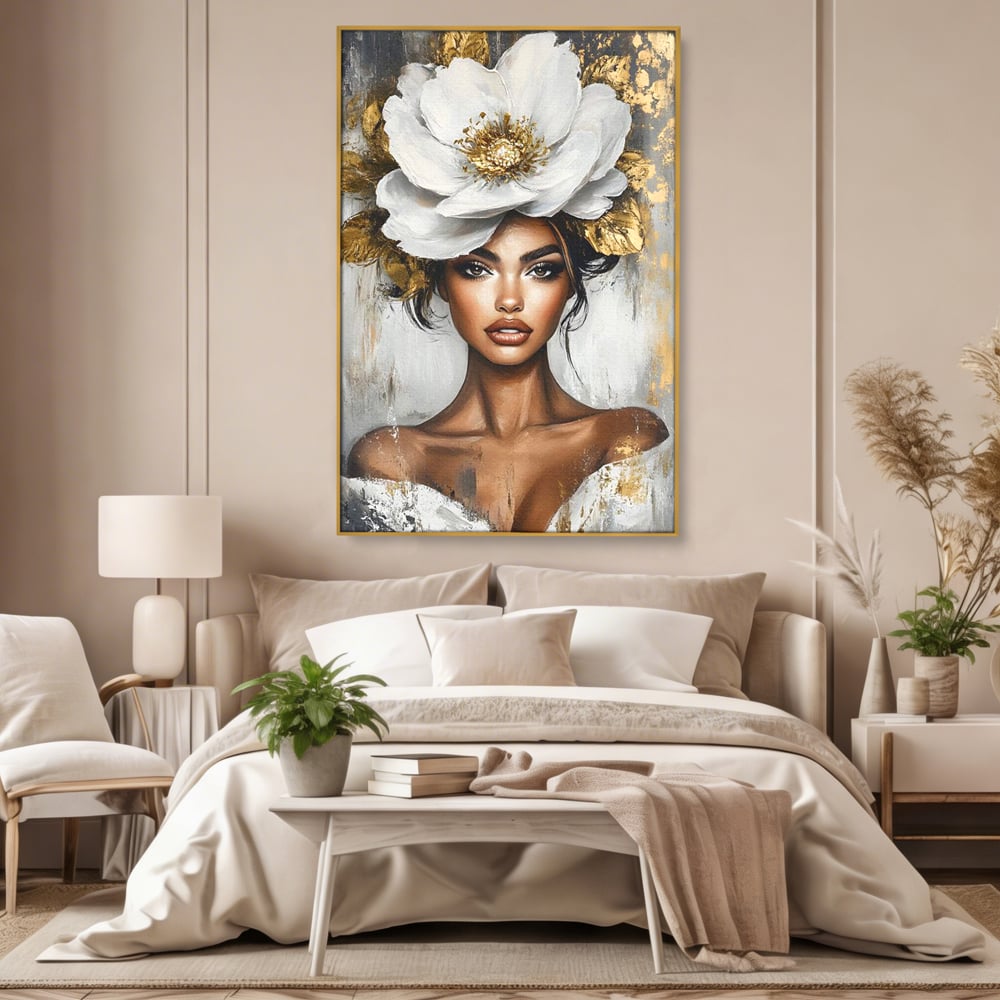 Tablou canvas cu tablou canvas cu portret de femeie si floare, in rama de aluminiu auriu, pe perete intr-un dormitor