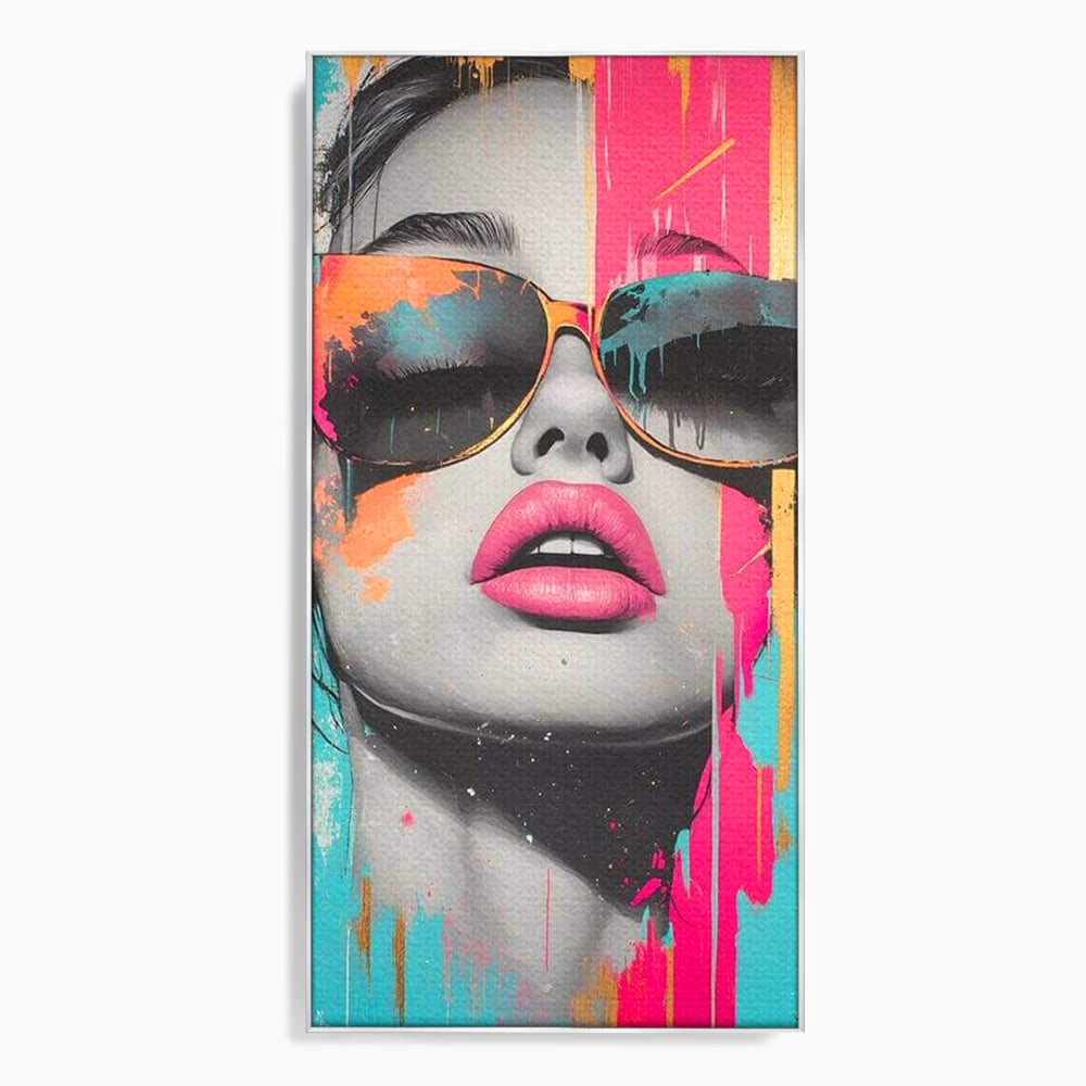 Tablou canvas cu tablou canvas cu ochelari de soare si buze roz, in rama de aluminiu argintiu