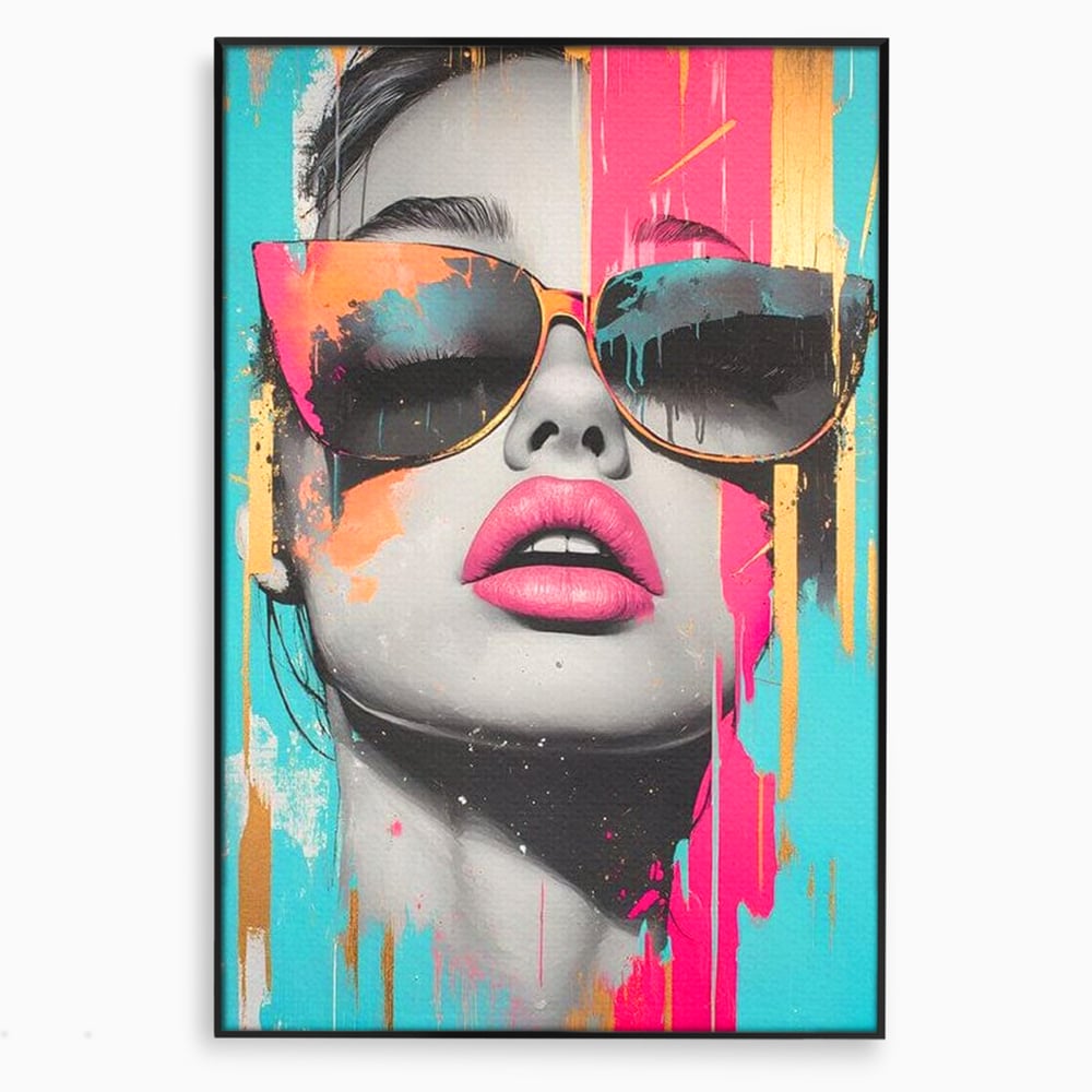 Tablou canvas cu tablou canvas cu ochelari de soare si buze roz, in rama de aluminiu negru