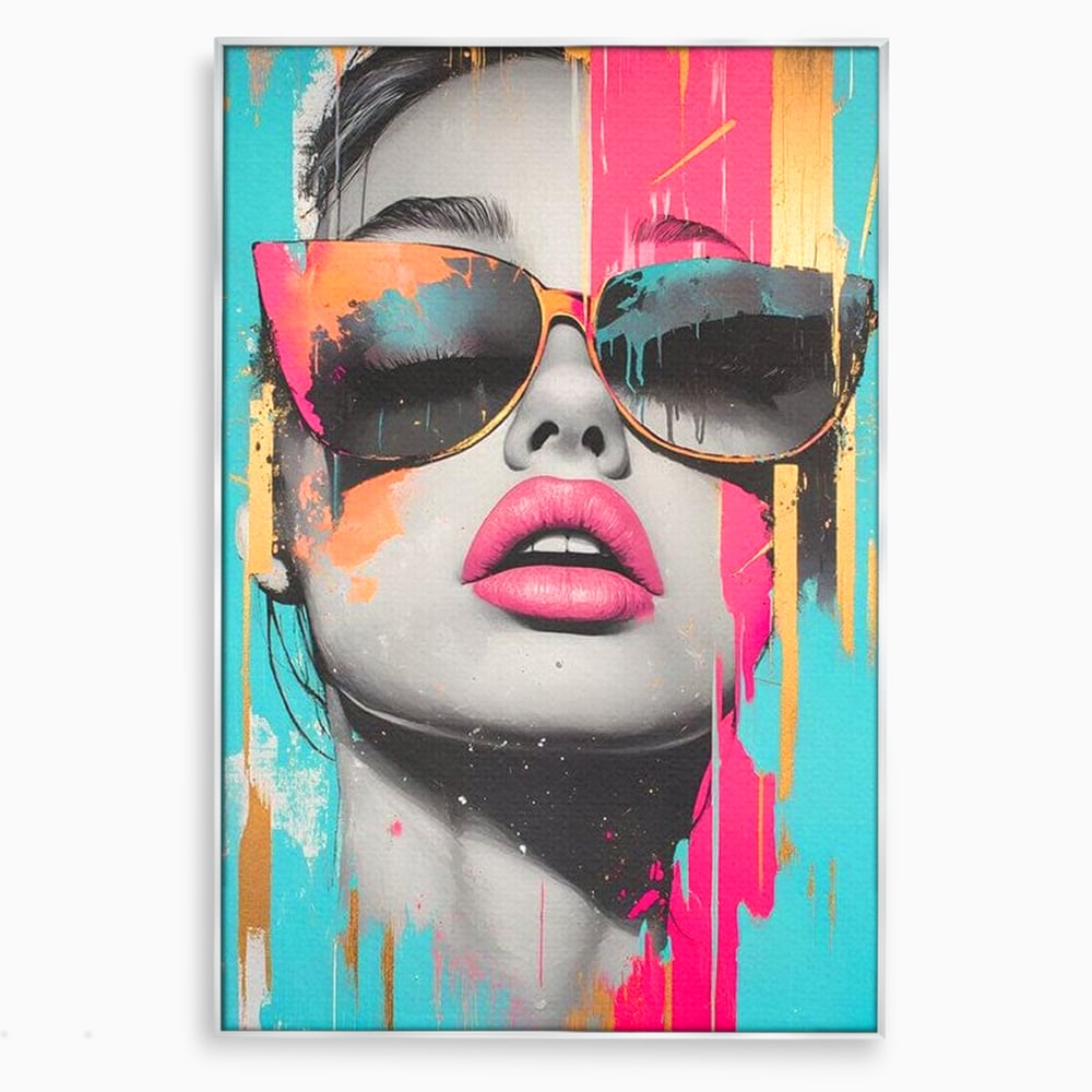 Tablou canvas cu tablou canvas cu ochelari de soare si buze roz, in rama de aluminiu argintiu