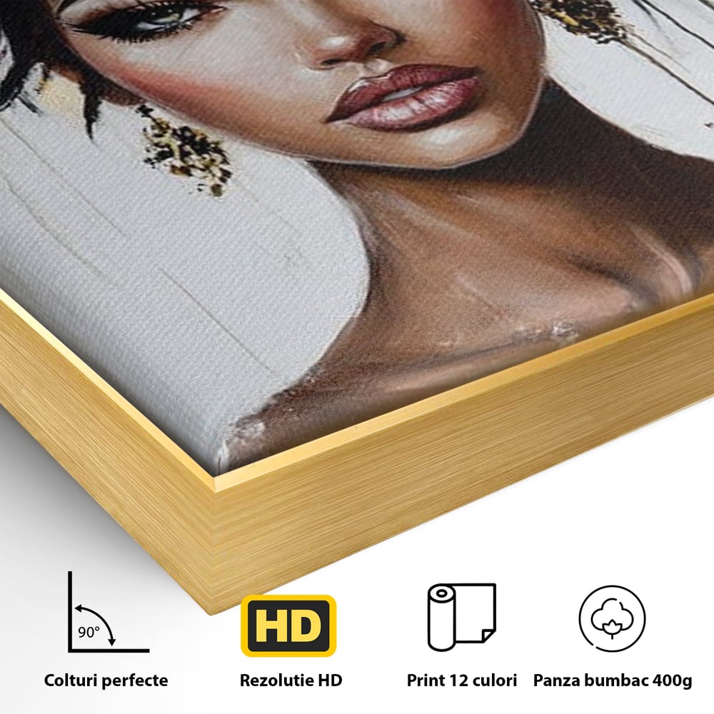 Detaliu al suprafetei: tablou canvas cu portret feminin si floare, in rama de aluminiu auriu