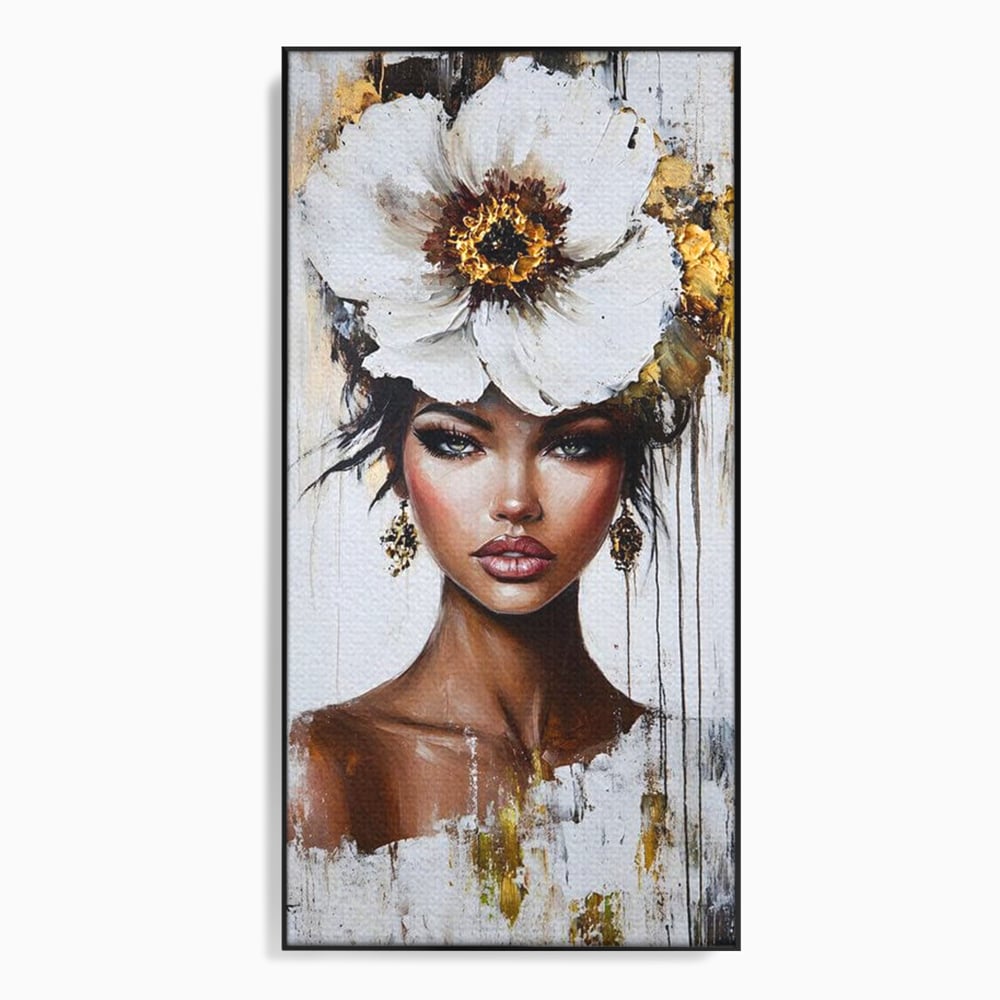 Tablou canvas cu tablou canvas cu portret feminin si floare, in rama de aluminiu negru