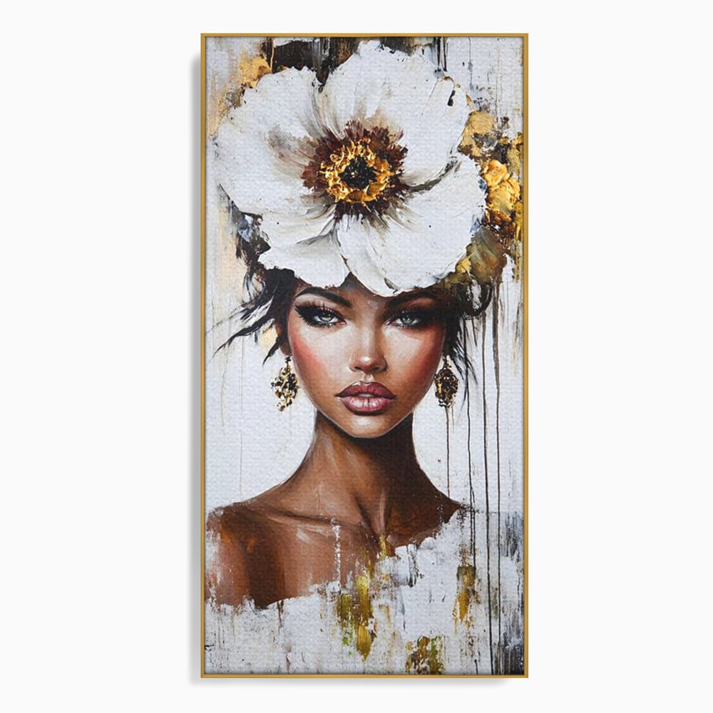 Tablou canvas cu tablou canvas cu portret feminin si floare, in rama de aluminiu auriu