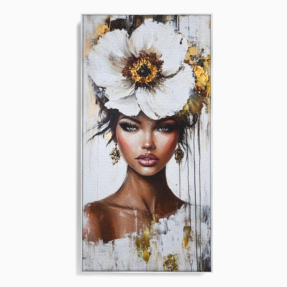 Tablou canvas cu tablou canvas cu portret feminin si floare, in rama de aluminiu argintiu