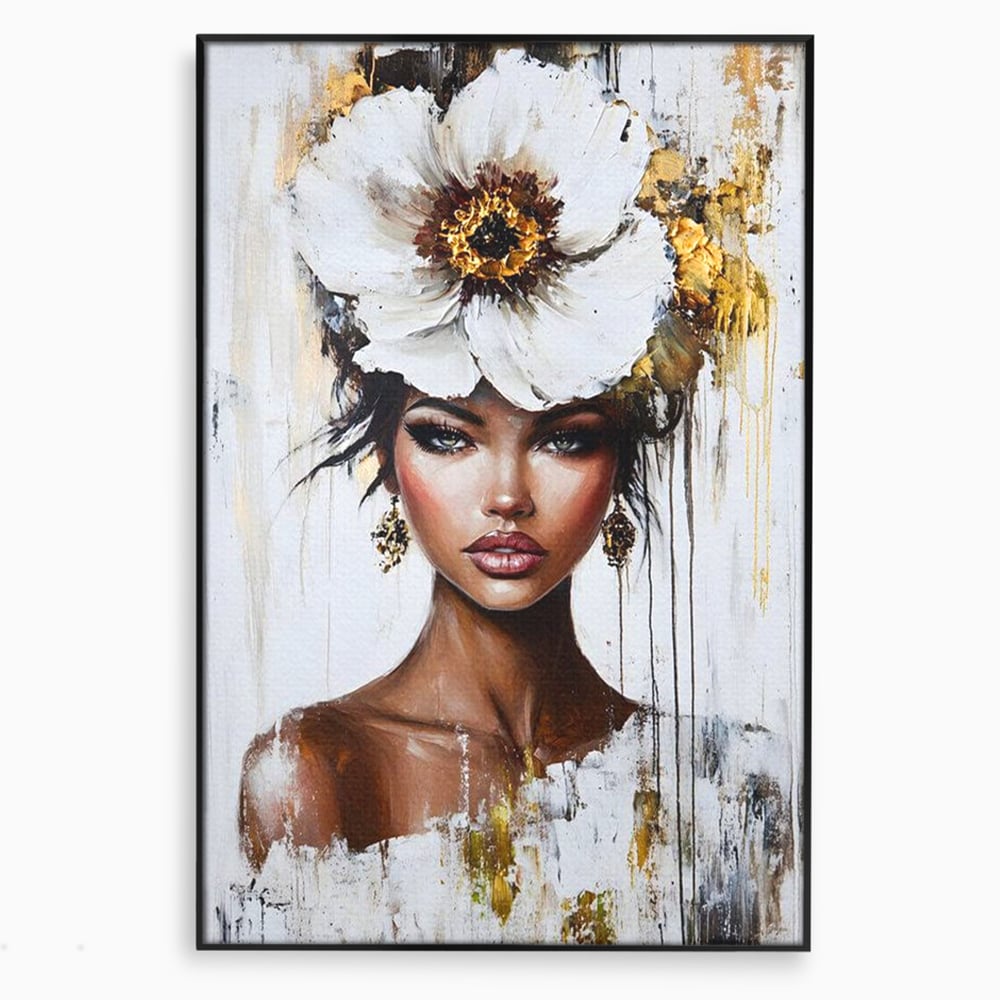 Tablou canvas cu tablou canvas cu portret feminin si floare, in rama de aluminiu negru