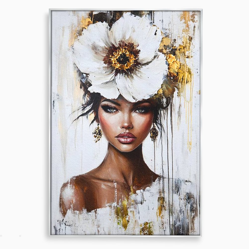 Tablou canvas cu tablou canvas cu portret feminin si floare, in rama de aluminiu argintiu