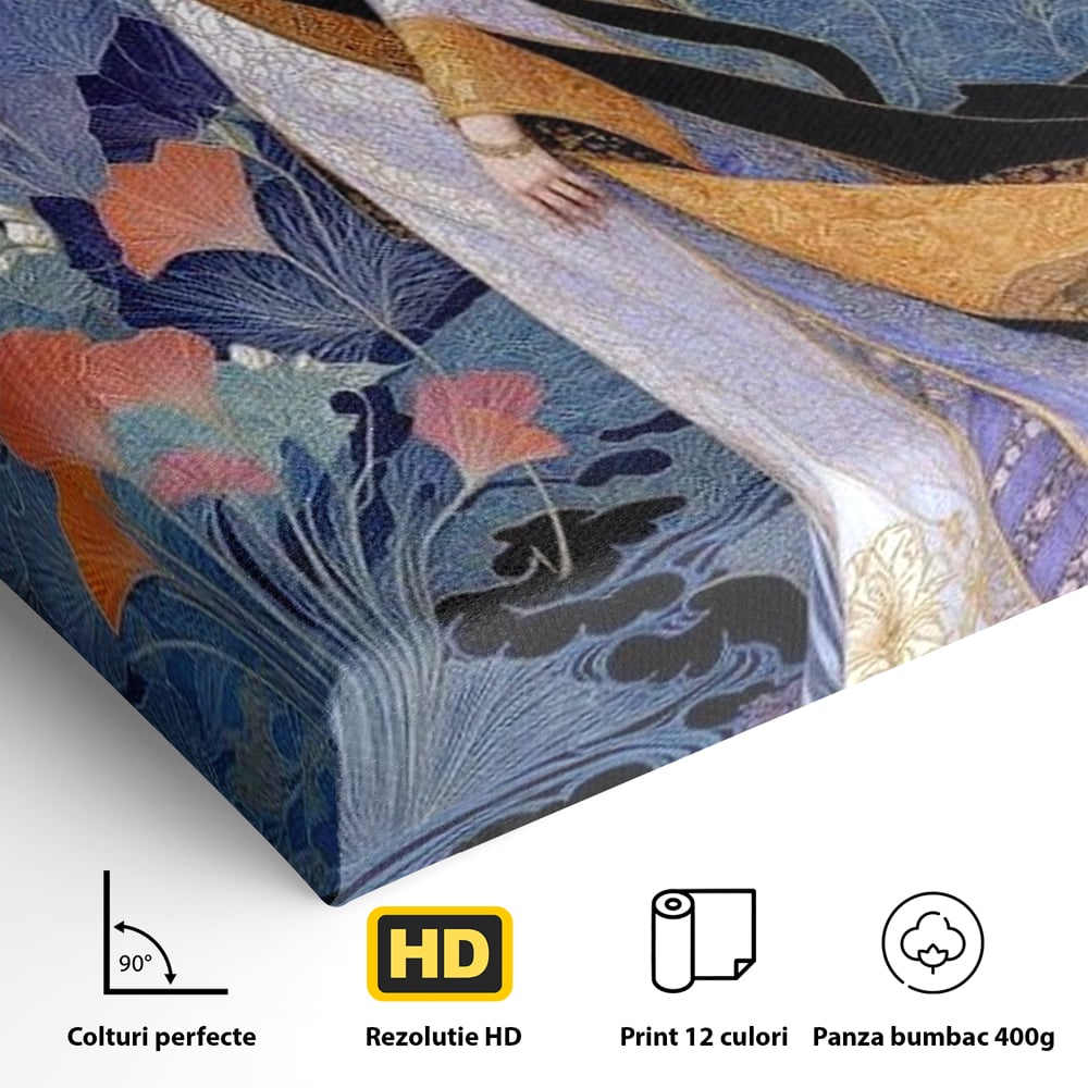 Detaliu al suprafetei: tablou canvas cu regina in stil art nouveau, fara rama, pe sasiu de lemn