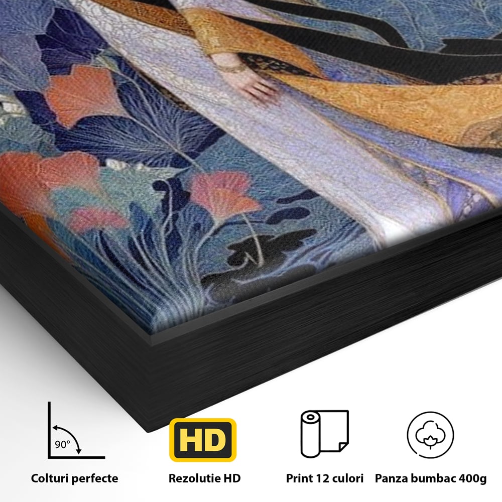 Detaliu al suprafetei: tablou canvas cu regina in stil art nouveau, in rama de aluminiu negru