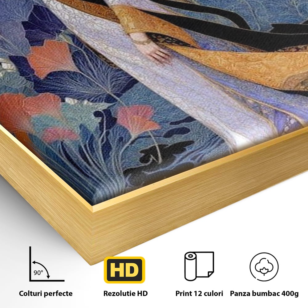 Detaliu al suprafetei: tablou canvas cu regina in stil art nouveau, in rama de aluminiu auriu