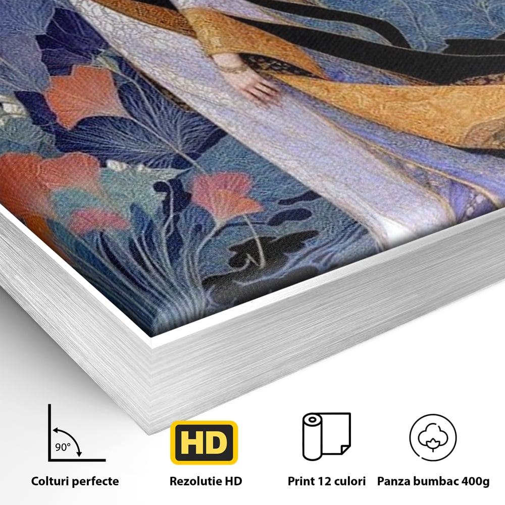Detaliu al suprafetei: tablou canvas cu regina in stil art nouveau, in rama de aluminiu argintiu
