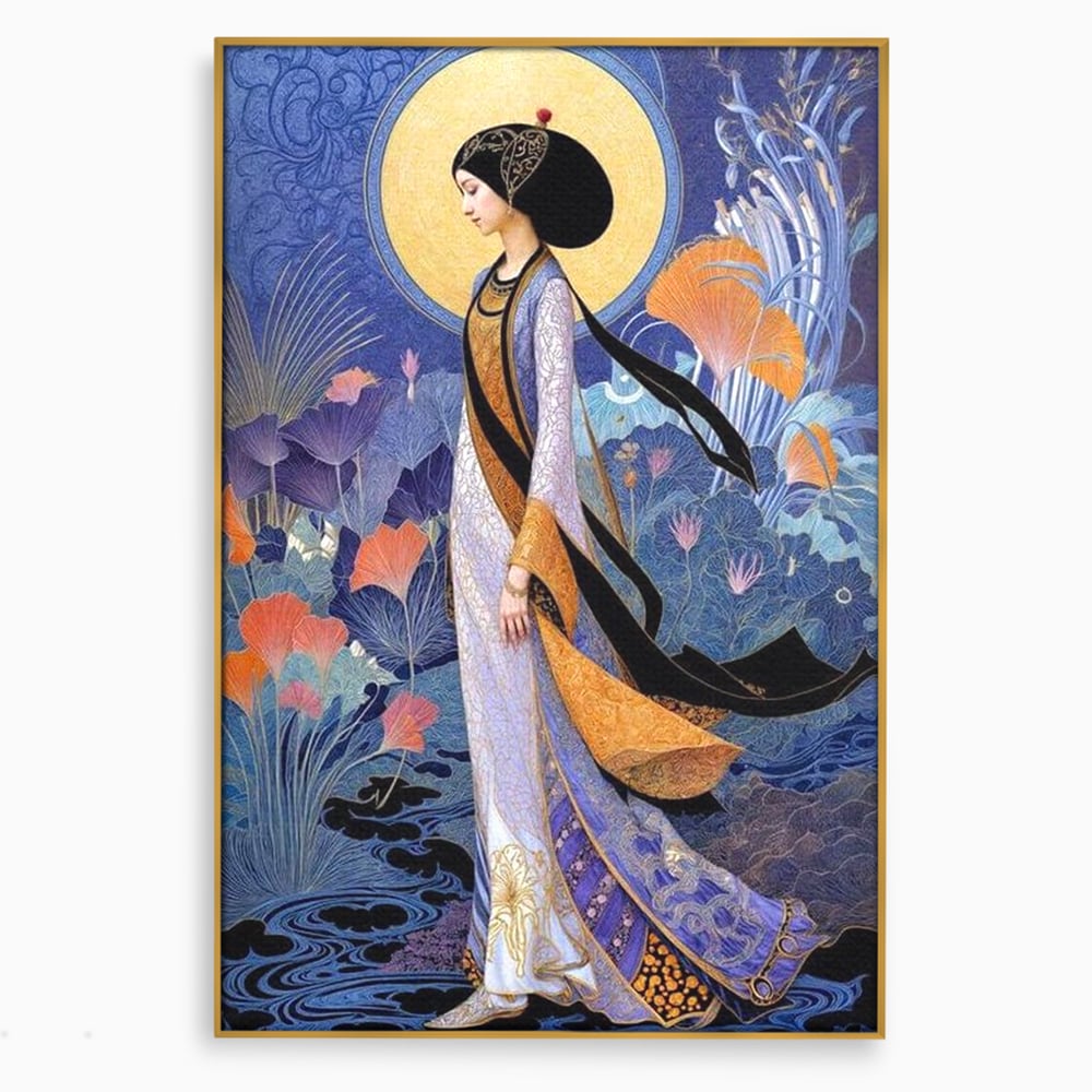 Tablou canvas cu tablou canvas cu regina in stil art nouveau, in rama de aluminiu auriu